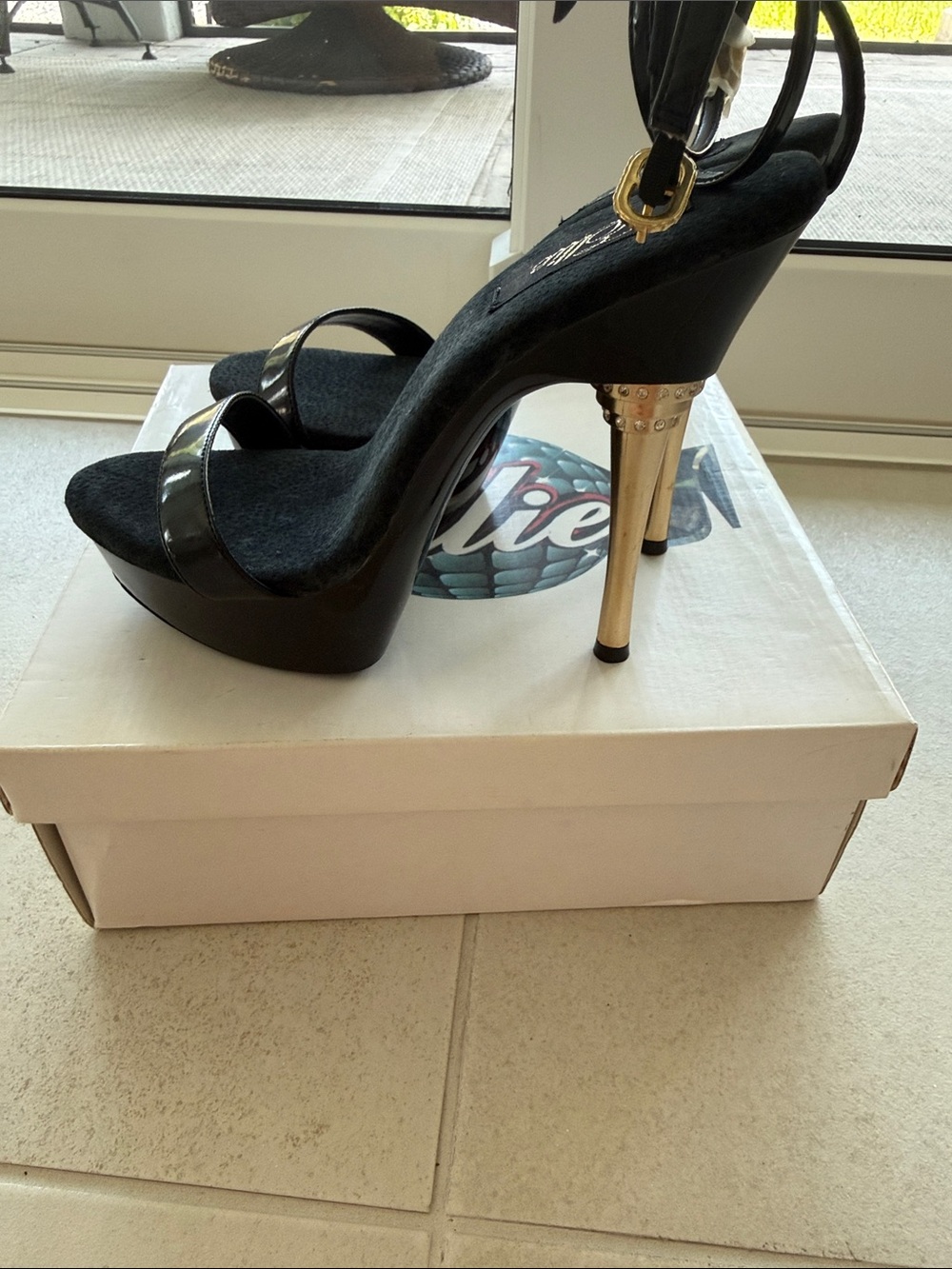 Ellie Black Patent Strap Ankle-Heel Sandals